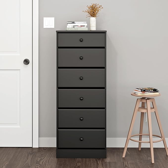 Prepac Astrid Tall Black Dresser for Bedroom: 16.5"D x 19.75"W x 50"H, 6-Drawer Chest for Bedroom by Prepac - Perfect Chest of Drawers for Ample Storage in Narrow Spaces