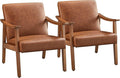Yaheetech PU Leather Accent Chair, Mid-Century Modern Armchair with Solid Wood Legs, Reading Leisure Chair for Living Room Bedroom Waiting Room, Light Brown, Set of 2