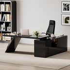 homary 70.9" Modern L-Shape Executive Desk Set, Home Office Desk with Home Office Executive Chair, Drawers & Cabinet Modern Computer Desk for Home Business Furniture, Black, Right Hand