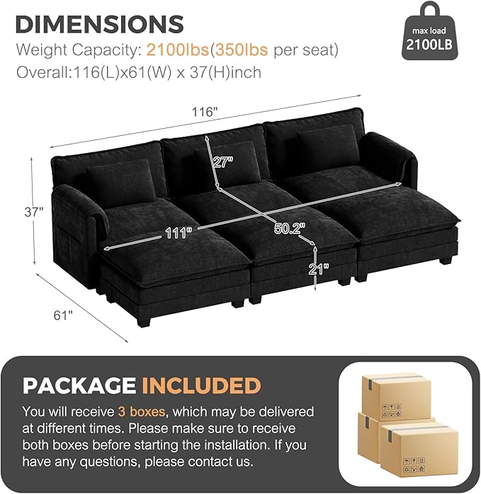 ELUCHANG 116" Luxury Modular Sectional Sofa, Comfy Deep Seat Cloud Couch, Sleeper Sofa Bed, 6 Seat Modern Couch with Removable Cover for Living Room, Apartment, DIY Combination, Chenille Black