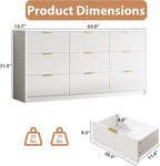 3-Piece Dresser Bedroom Set, 9 Drawer Dresser & 3 Drawer Nightstands with Gold Handles, Fluted Wood Chest of Drawers for Bedroom, Living Room, Entryway, White