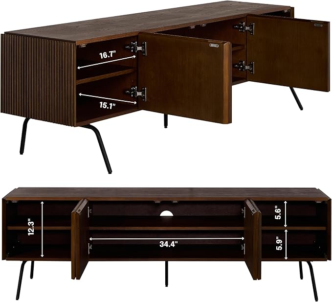 NTC Veil TV Stand with 4 Doors for TVs up to 75’’, Media Console with Vertical Groove Design and Metal Legs, Modern Entertainment Center for Living Room and Bedroom, Effortless Assembly, Dark Walnut
