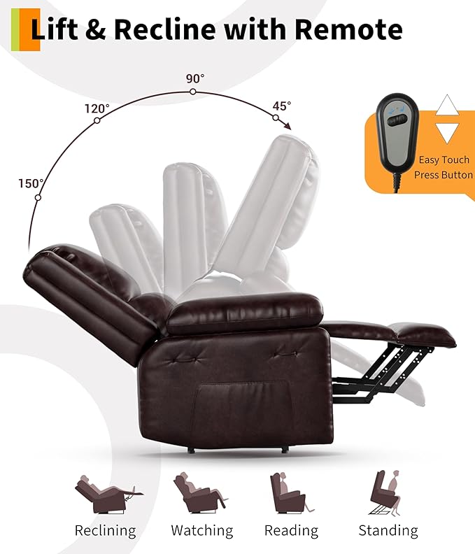 GarveeHome Electric Lift Recliner Chair - Heat and Massage, PU Leather Power Lift Recliner for Elderly & Mobility Impaired, Adjustable Back and Legs, Heavy Duty Lift Chair for Seniors