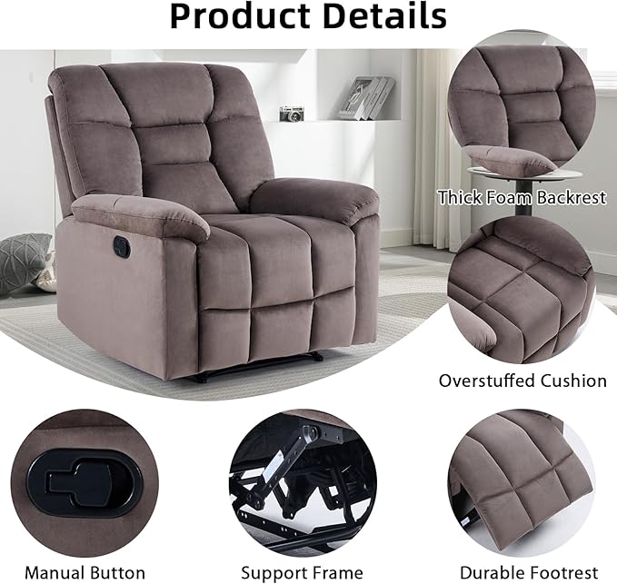 EBELLO Manual Recliner Chair for Adults with Soft Padded Headrest and Backrest, Overstuffed Single Recliner Sofa Chair for Living Room, Dark Brown