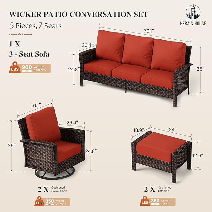 HERA'S HOUSE High Back Swivel Patio Furniture Set with 5.5" Thick Cushions, 5-Piece Oversized Outdoor Wicker Sectional Conversation Set with Ottomans for Garden Yard Porch, Red