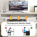 63" Farmhouse L Shaped Executive Desk with Drawers & Storage Shelf, Corner Computer Desk with Power Outlets, L Shaped Office Desk with Monitor Stand, Printer Shelf, White