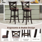 COSTWAY Bar Stools Set of 2, 30" Swivel Bar Height Bar Chairs with Copper Nails, Upholstered Seat, X-Shaped Backrest, Solid Rubber Wood Frame, for Kitchen Island Pub Bar