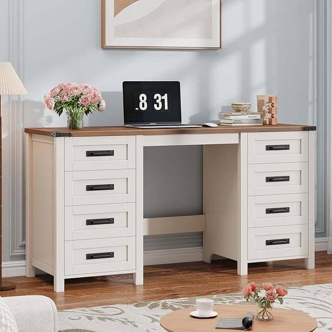 Vabches Farmhouse 60.6” Executive Desk with 7 Drawers, Computer Desk with File Drawer for Hanging Files A4, Workstation for Home Office, Study.Unique White