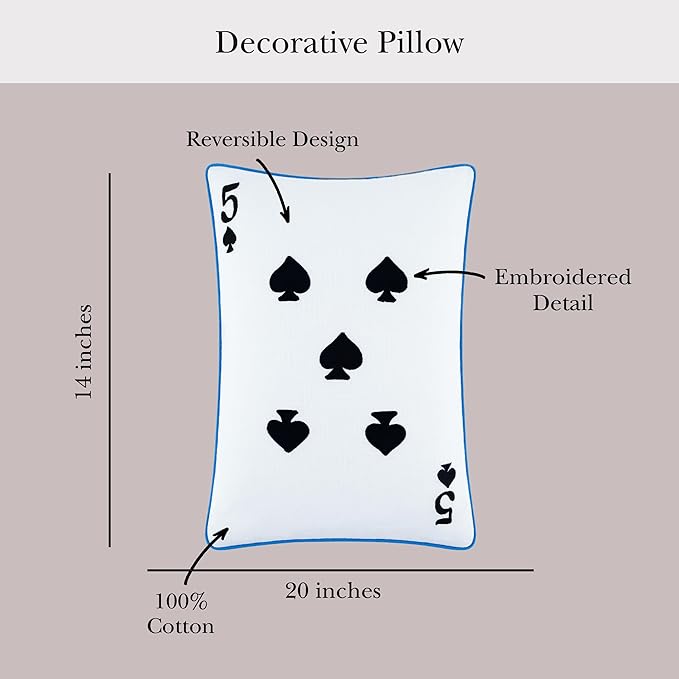 Kate Spade New York 5 of Spades Reversible Decorative Pillow, 14" x 20" Throw Pillow for Bed or Sofa, Cotton Cover, Black, White, Blue and Green, 14 x 20, Multi