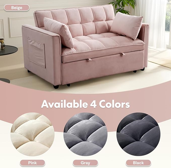 FLEXISPOT XCT4 Pull Out Couch for Small Spaces, 3-in-1 Convertible Loveseat Sofa Bed with Adjustable Backrest, Compact Futon Sofa Bed Twin Sleeper Loveseat for Apartment Dorm RV Guest Room,Pink