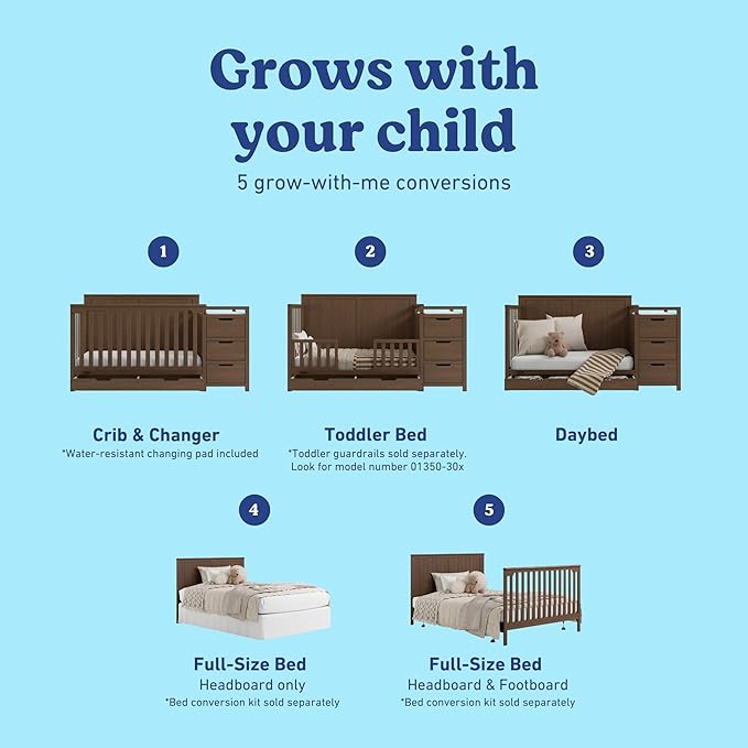 Graco Hadley 5-in-1 Convertible Crib & Changer (Hazelnut) – GREENGUARD Gold Certified, Fits Standard Crib Mattress, Converts to Toddler Bed and Full Bed, 4 Adjustable Mattress Heights