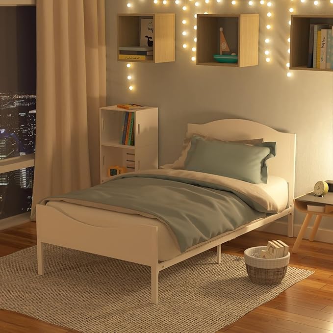 Timy Kids Twin Bed Frame with Wooden Headboard and Footboard, Metal Platform Bed Frame for Boys Girls Teens Adults, Modern Kids Furniture, No Box Spring Needed, White