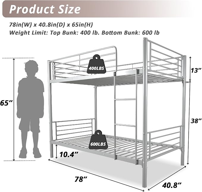 Karl Home Grey Bunk Bed Twin Over Twin, Metal Bunk Bed with Built-in Ladder and Safety Guardrail, Space-Saving Bunk Beds for Kids, Teens & Adults, No Box Spring Needed