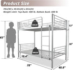 Karl Home Grey Bunk Bed Twin Over Twin, Metal Bunk Bed with Built-in Ladder and Safety Guardrail, Space-Saving Bunk Beds for Kids, Teens & Adults, No Box Spring Needed
