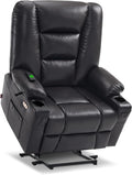 MCombo Oversized Power Lift Recliner Chair with Massage and Heat for Big and Tall Elderly People, Cup Holders, USB Ports, Side Pockets, Faux Leather R7541 (Black, Large-Oversize)