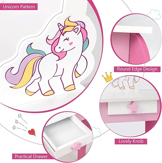 HONEY JOY Unicorn Kids Vanity, Toddler Makeup Table with Mirror and Stool, Wooden Pretend Play Vanity for Little Girls, Detachable Mirror and Storage Drawer, Kids Vanity Table and Chair Set (Pink)