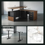 63" Standing Desk with File Cabinet, Privacy Panel, AC/USB, 1.18" Desktop, Executive L Shaped Height Adjustable Electric Stand Up Desk, Home Office Table with 3 Drawers, Black Walnut