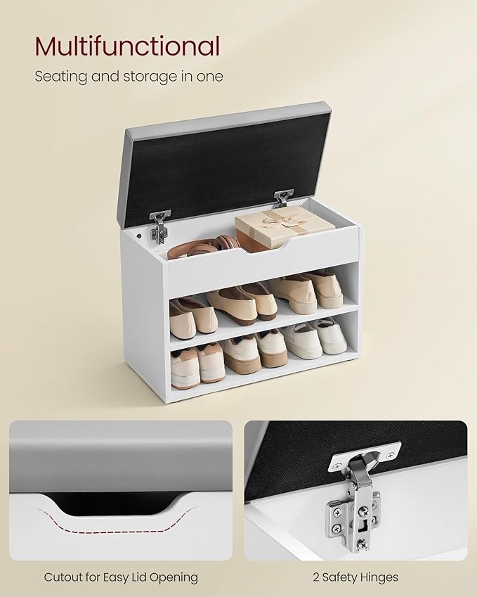 VASAGLE Shoe Bench with Cushion, Storage Bench with Padded Seat, Entryway Bench with 3 Storage Compartments, 11.8 x 23.6 x 17.3 Inches, for Bedroom, Living Room, Cloud White ULHS020W01