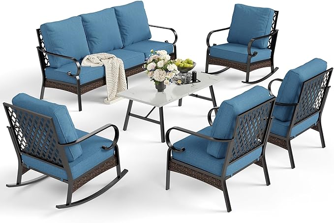 6 Piece Metal Outdoor Patio Furniture Set, Patio Conversation Set with Rocking Chair and 5.75" Thick Cushion & Coffee Tabl, Outdoor Seating Black Frame Backyard Furniture, Denim Blue