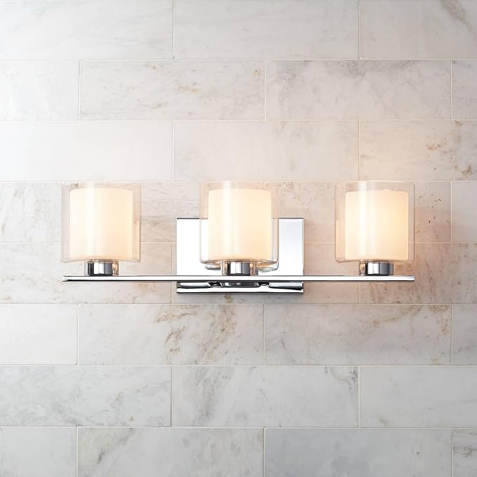 Possini Euro Design Dorris Modern Wall Mount Light Chrome Silver Hardwired 22" Wide 3-Light Fixture Clear Outer Opal Inner Glass Shade for Bedroom Bathroom Vanity Reading Living Room Hallway