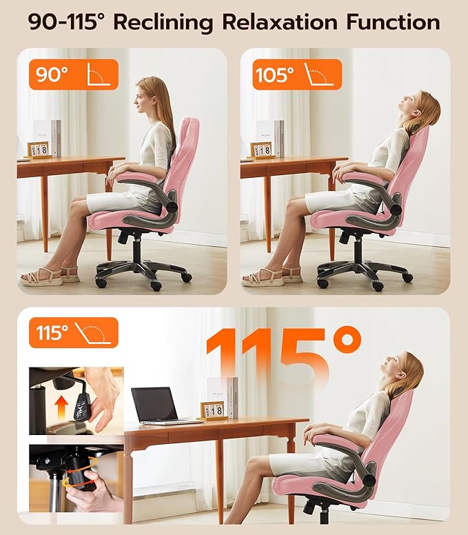 Office Desk Chair, Ergonomic Computer Chair with Padded Flip-Up Arms and Adjustable Lumbar Support, PU Leather Executive Chair with Tilt Lock and 360° Swivel Rolling Wheels for Work, Study