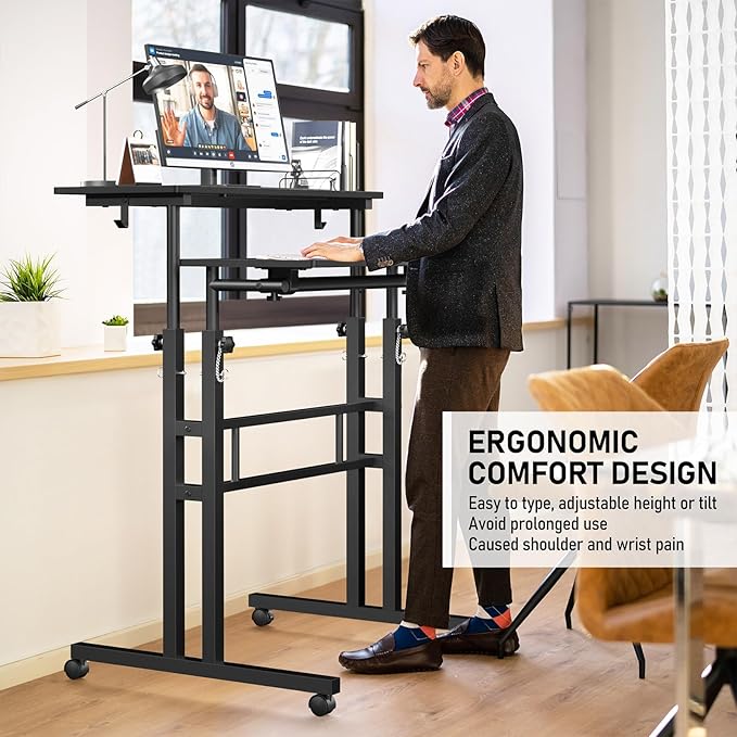 Small Standing Desk with Wheels, Tall Mobile Stand Up Table, Portable Standing Desk for Walking Pad, Rolling Table Adjustable Height, Rolling Computer Table for Tall Person