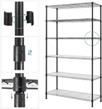 SONGMICS 6-Tier Storage Shelves, Wire Shelving Unit, Kitchen Metal Shelves, Storage Rack with Adjustable Shelves, Shelf Liners, 8 Hooks, for Garage, 13.8 x 35.4 x 69.7 Inches, Black ULGR096B01