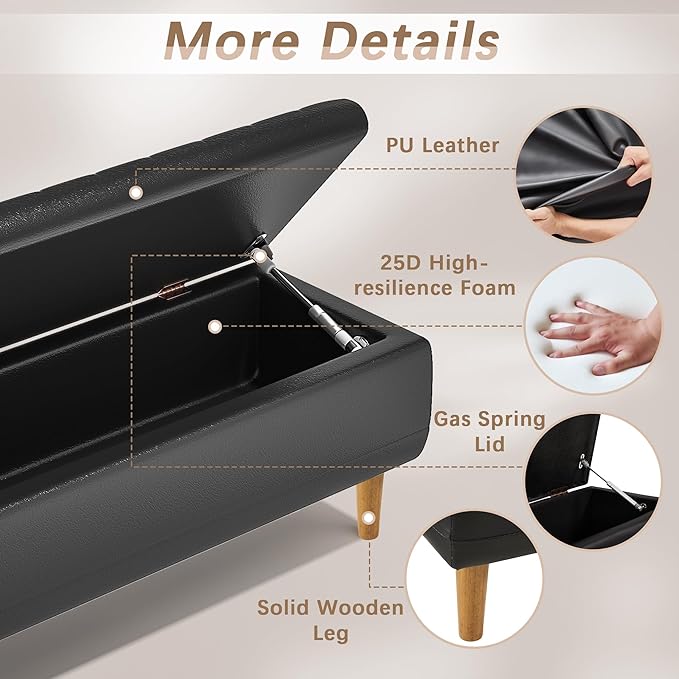 VECELO Storage Ottoman, Storage Bench with 2 Machined Gas Spring Lid Supports, PU Leather Upholstery & Solid Wood Legs, Black Ottoman Bench for Bedroom, Living Room, Entryway, 44.5"