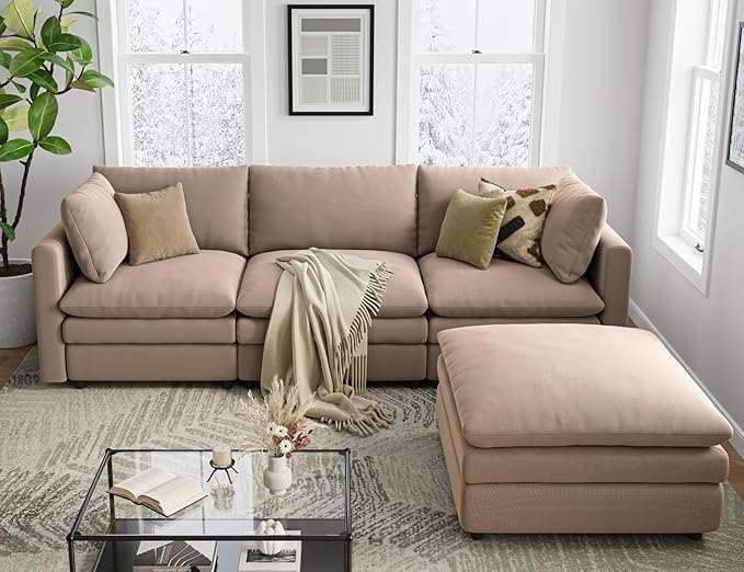Txtin's Cloud Couches for Living Room L Shaped Sectional Couch with Ottoman Deep Plush 4 Seats Sofa Modern Sofa for Apartment Brown