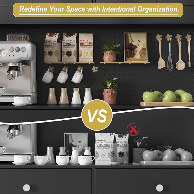 70" Pantry Cabinet with Pegboard, Kitchen Pantry Storage Cabinet with Shelves & Drawer, Adjustable Shelves, LED Light & Power Outlets for Dining Room (Black)