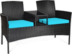 COSTWAY 2-Seat Patio Conversation Sets, Outdoor Patio Loveseat Set with Removable Cushions & Built-in Coffee Table for Backyard, Garden, Lawn, Balcony, Black+Turquoise