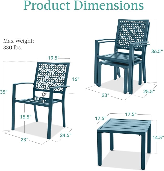 Best Choice Products 3-Piece Outdoor Bistro Set, Stackable Modern Steel Furniture for Porch, Garden w/ 2 Chairs, Table, Geometric Decor - Peacock Blue