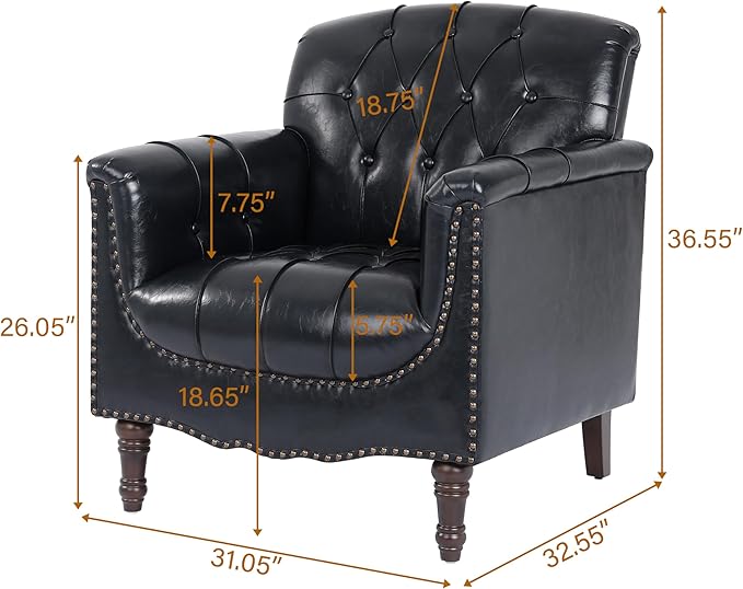 UIXE Faux Leather Accent Chair for Living Room, Tufted Arm Chair Retro Upholstered Club Armchair with Solid Wood Legs, Black Blue