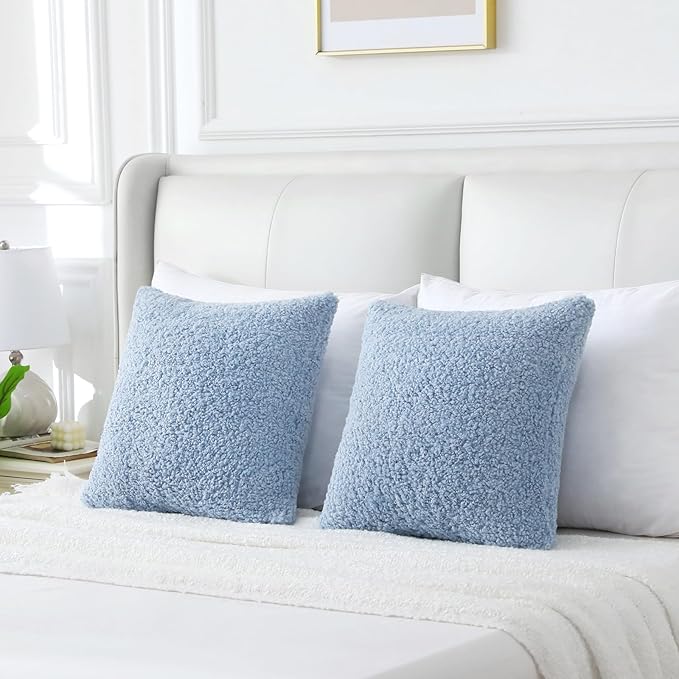 FUTEI Light Blue Throw Pillow Covers 16x16 Inch Set of 2,Furry Faux Fur Teddy Boucle Textured Cushion Covers,Soft Fluffy Decorative Pillow Case,Home Decor for Couch Bed Living Room Office Car