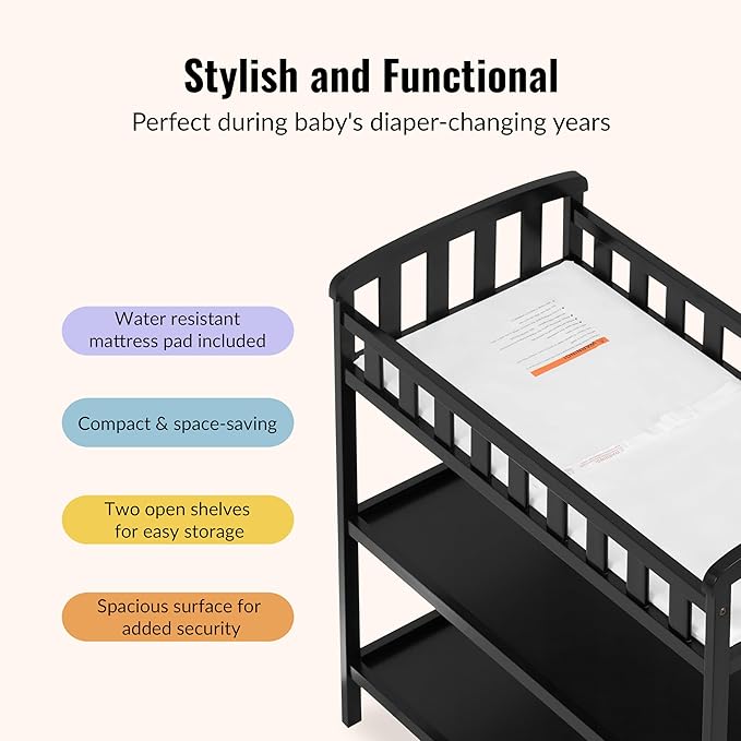 Dream On Me Emily Changing Table In Black, Comes With 1" Changing Pad, Features Two Shelves, Portable Changing Station, Made Of Sustainable New Zealand Pinewood