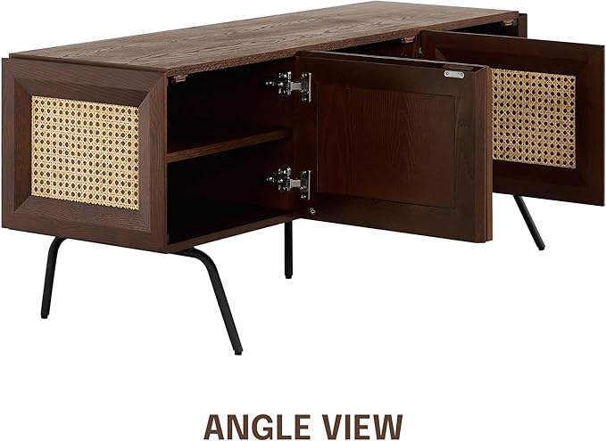 NTC Mossic TV Media Cabinet with 3 Doors for TVs, Entertainment Center with Natural Rattan, Metal Legs, Modern Storage Console for Living Room and Bedroom, Effortless Assembly, Dark Walnut