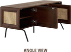 NTC Mossic TV Media Cabinet with 3 Doors for TVs, Entertainment Center with Natural Rattan, Metal Legs, Modern Storage Console for Living Room and Bedroom, Effortless Assembly, Dark Walnut