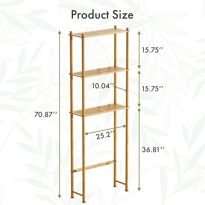 AmazerBath Over The Toilet Storage Shelf Bamboo, 3-Tier Over Toilet Organizer Rack, Freestanding Above Toilet Shelf for Bathroom, Laundry, Space Saver, Natural Color