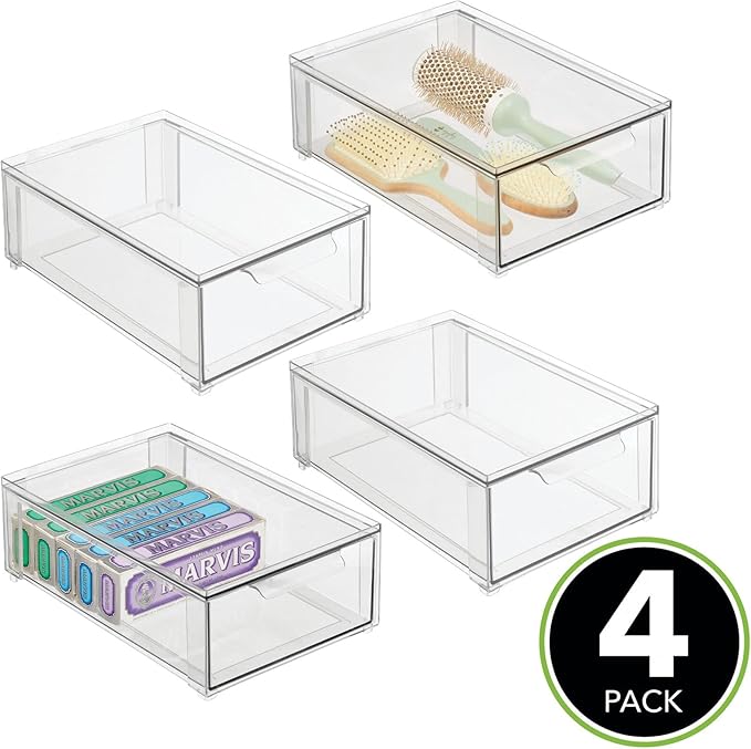 mDesign Plastic Stackable Bathroom Storage Organizer Bin with Pull Out Drawer for Cabinet, Vanity, Shelf, Cupboard, Cabinet, or Closet Organization - Lumiere Collection - 4 Pack - Clear