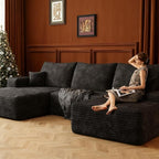 107.5" Compressed Boneless Couch with Ottoman, 2 Seater Large U Shaped Sectional Couches for Living Room, Black Corduroy Cloud Modular Sectional Sofa, Memory Foam, No Assembly，Light Facing Chaise