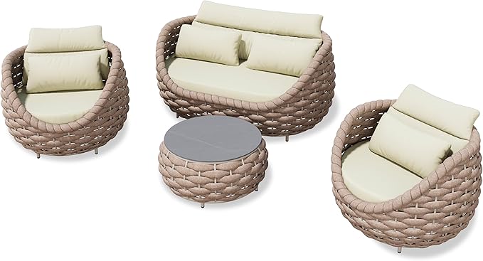 4 Piece Aluminum Patio Furniture: Hand Woven Rope Sofa - Modern Outdoor Sofa Seating with Cushion - All Weather Patio Set for Deck, Yard, Garden, Poolside, Hotel - Terracotta