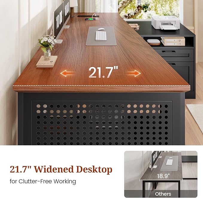 L Shaped Desk, 55" Reversible Office Desk with File Drawers & Storage Shelves, Modern Executive Desk with Power Outlets, Pegboard, 6 Hooks, Rotating Corner Computer Desk for Home Office, Walnut