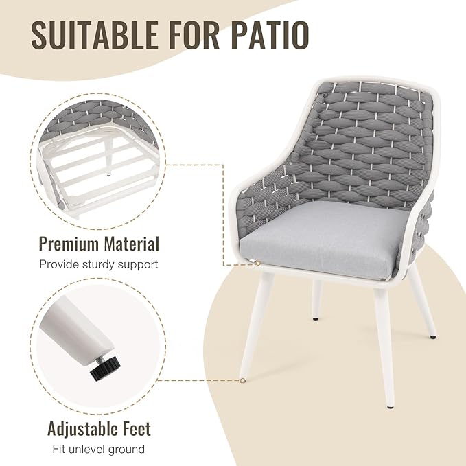SUNSITT Outdoor Dining Chairs Set of 4, Metal Outdoor Patio Dining Chairs with Weather-Resistant Cushions, Woven Rope Chairs Outdoor with Armrest Light Grey Outdoor Furniture Chairs for Backyard