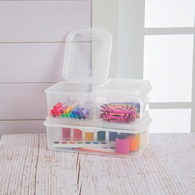Sterilite FlipTop, Stackable Small Storage Bin with Hinging Lid, Plastic Container to Organize Desk at Home, Office, Clear, 24-Pack