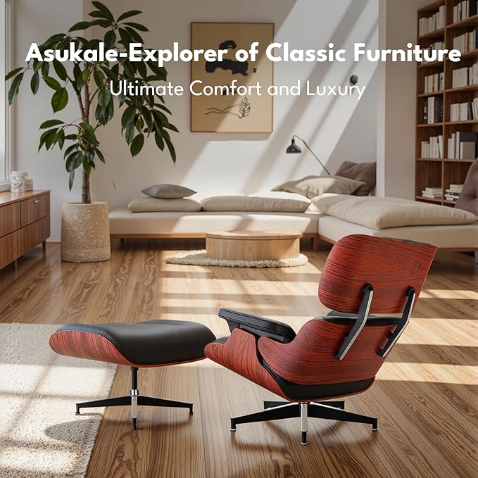 Top Black Grain Leather, Mid Century Chaise Lounge Chair and Ottoman, Modern Chair Classic Design, Heavy Duty Base Support for Living Room Study Lounge Office, Darkrosewood, Heightening