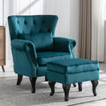 Mid Century Modern Accent Chair Upholstered Armchair Comfy Velvet Tufted Wingback Single Sofa with Ottoman for Bedroom Living Room, Teal