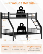 Twin XL Over Queen Bunk Bed, Heavy Duty Bunk Bed with EVA Padded Ladder and Full-Length Guardrails, Metal Queen Bed Frame with Slats Support for Adults, Teens, Kids, Black