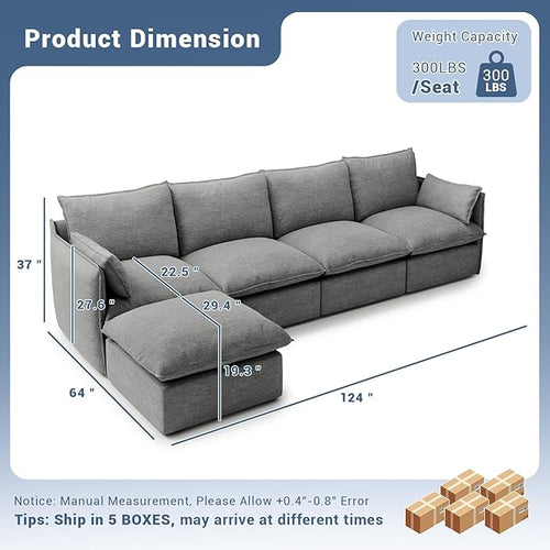 124" Cloud Modular Sectional Sofa, Waterproof Down Filled Sectional Couch, High Backrest L Shaped 4 Seater Couch with Ottoman, Modern Modular Sofas with Removable Cover, Dark Gray