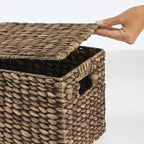 mDesign Woven Water Hyacinth Rectangle Storage Organizer Basket Bin with Topper Lid and Handles - Natural Farmhouse Holder Containers for Closet, Bedroom, Bathroom, Office - Set of 3 - Dark Brown