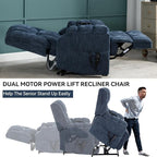 Power Lift Recliner Chair for Elderly, Oversized Chenille Electric Recliners Chairs for Living Room, Dual Motor 180° Lay Flat Recliner Big Sofa with Massage and Heating, Heavy-Duty, Blue